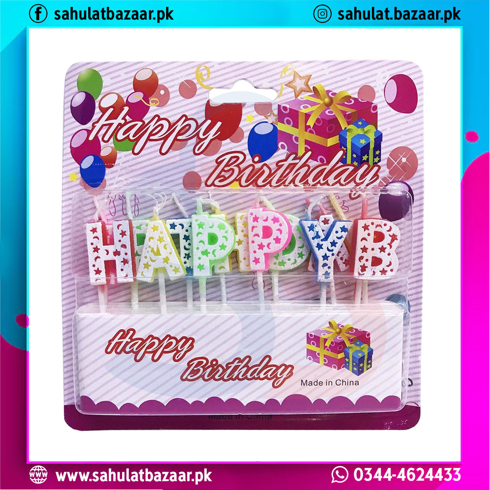 Packaged birthday candles with colorful letters and 'Happy Birthday' text on a pink background.