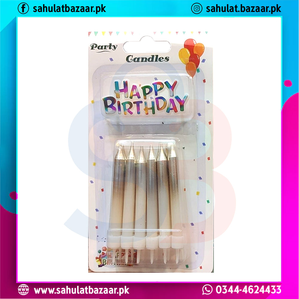 Packaged birthday candles with 'Happy Birthday' text on a colorful background
