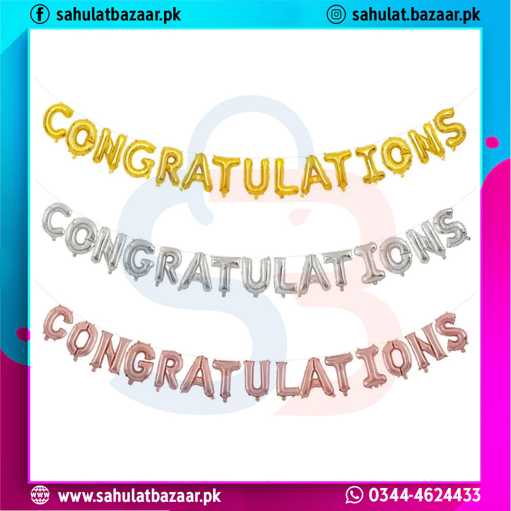 Colorful balloons with 'Congratulations' text on a white background, featuring brand logos and contact information.