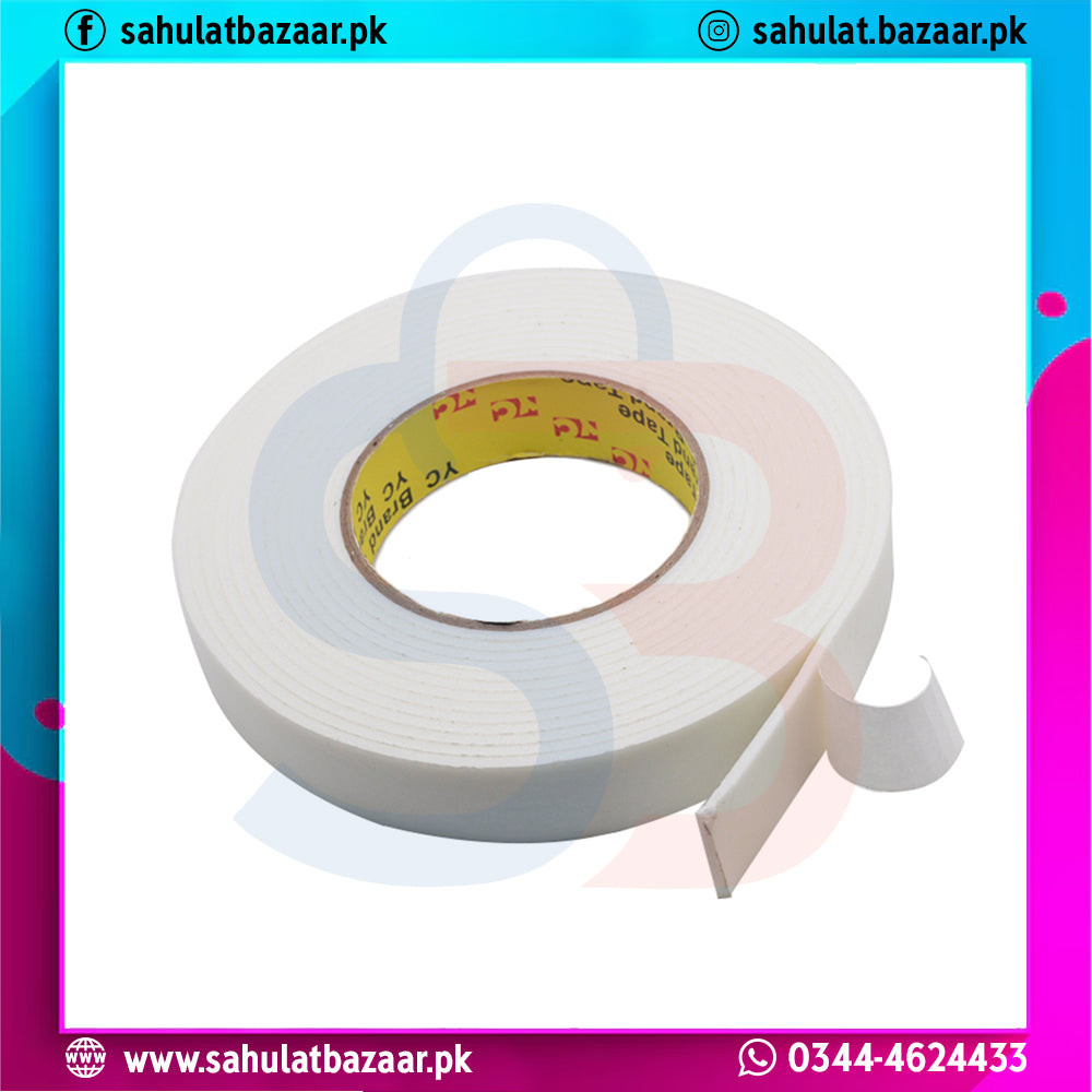 Roll of double-sided tape with a colorful border and text overlay.