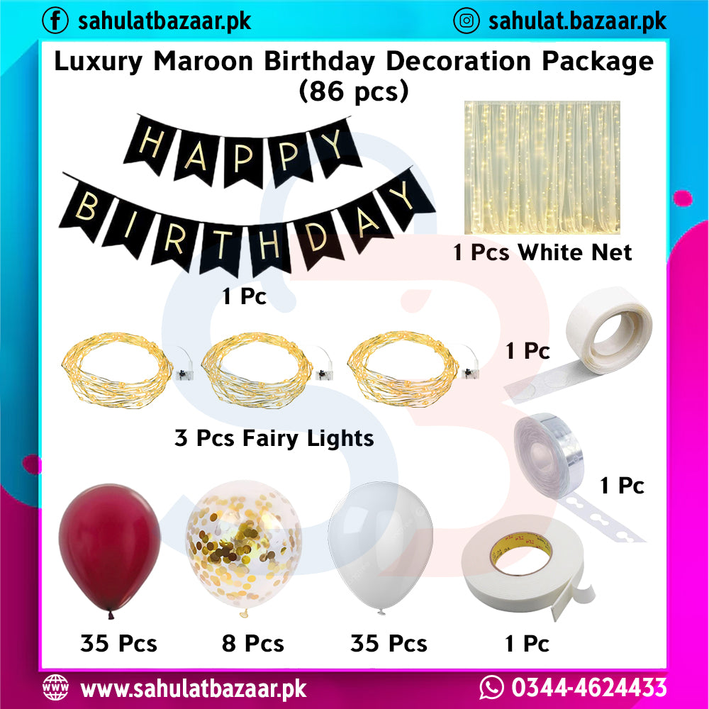 Luxury maroon birthday decoration package with 'Happy Birthday' banner, fairy lights, balloons, and other items on a colorful background.
