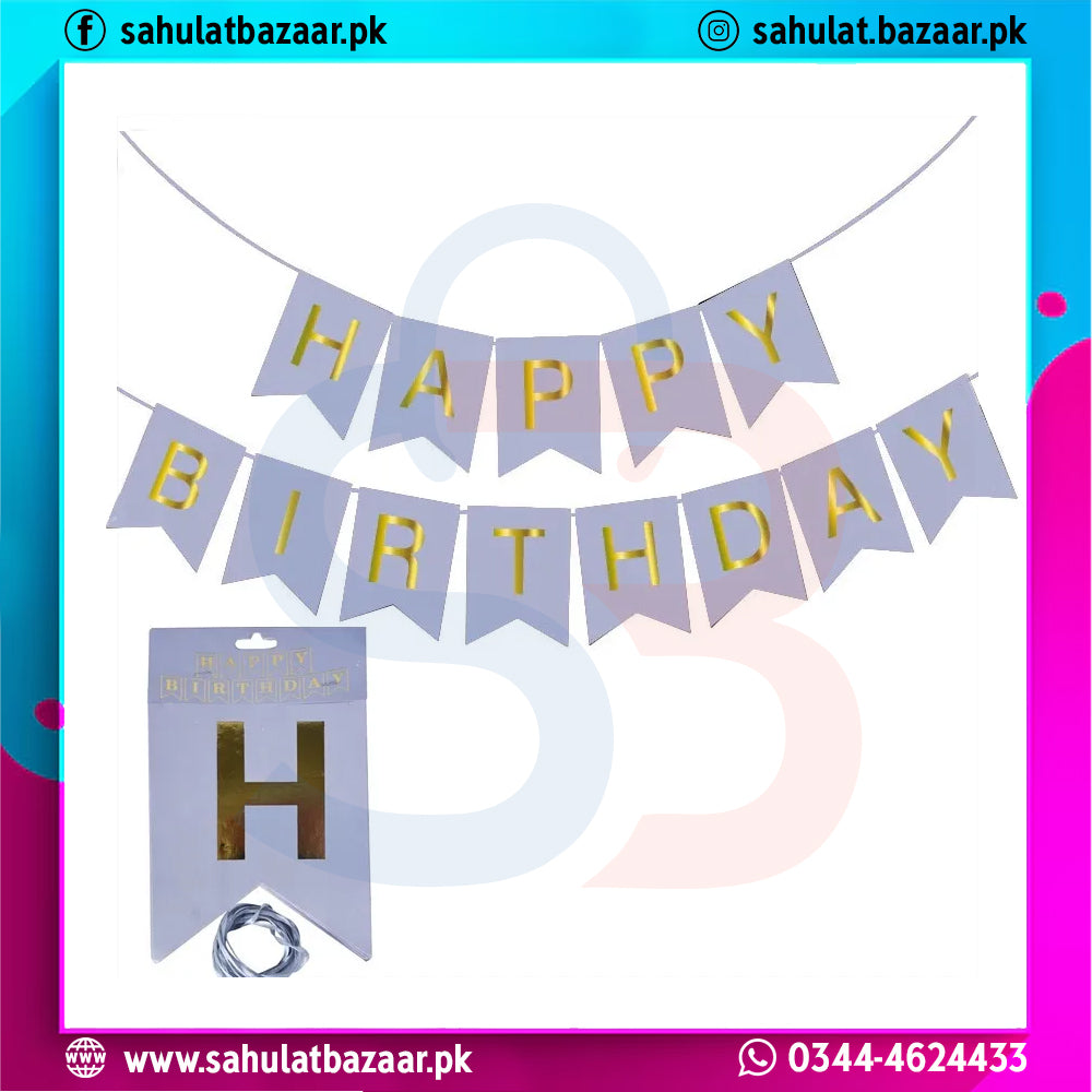 Happy Birthday banner with gold letters on a white background, featuring the brand 'sahulatbazaar.pk'.