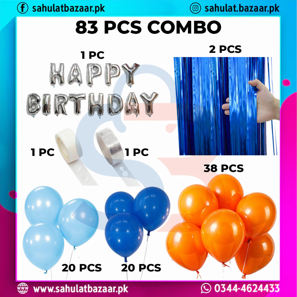 83 Pcs Blue & Orange Birthday Decoration Set – Happy Birthday Foil Balloons with Tinsel Curtain & Balloon Arch Kit for Party Decor