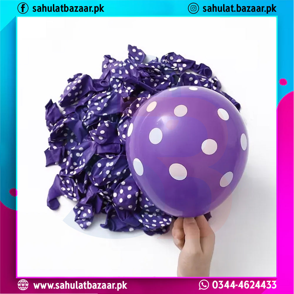 Purple balloons with white polka dots and ribbons on a white background, with a hand holding one balloon.