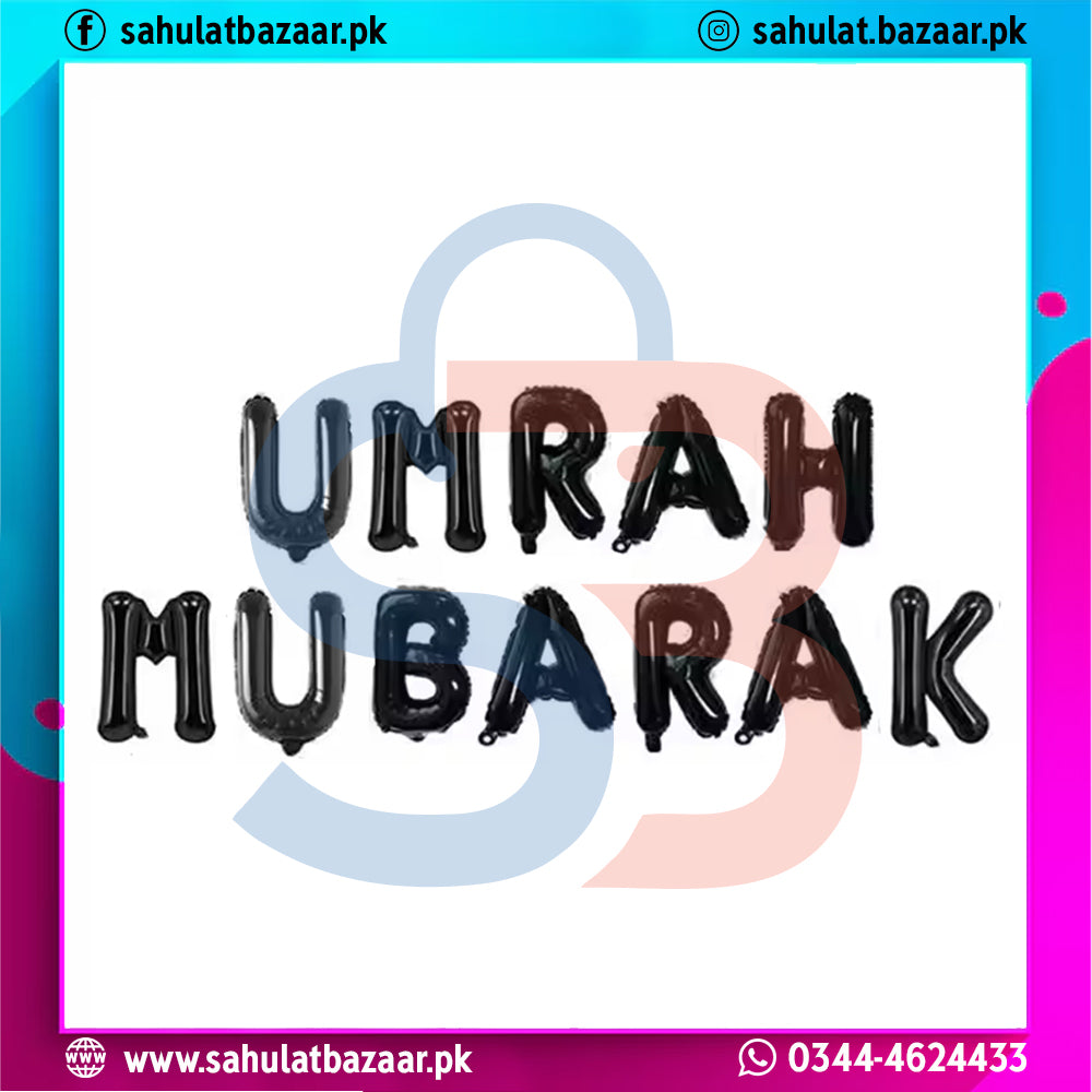 Colorful graphic with 'Umrah Mubarak' text on a white background
