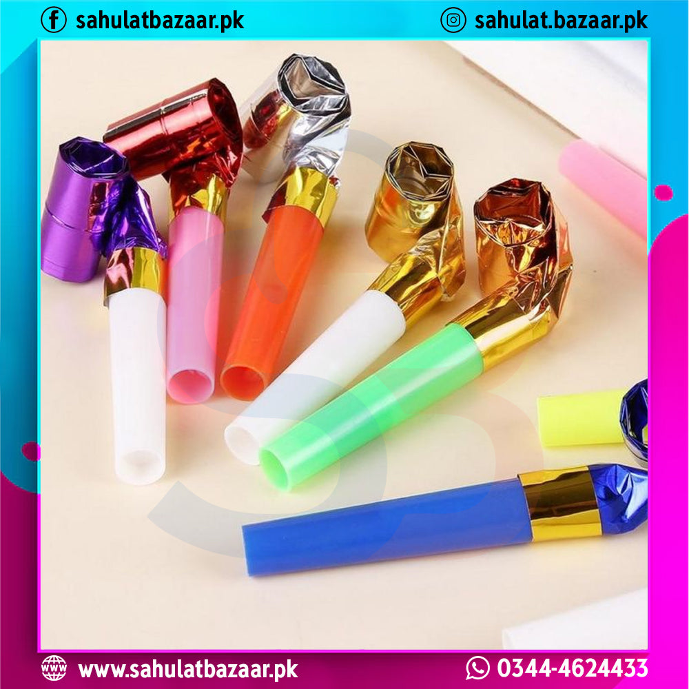Colorful party blowers on a light background with brand logo and contact information.