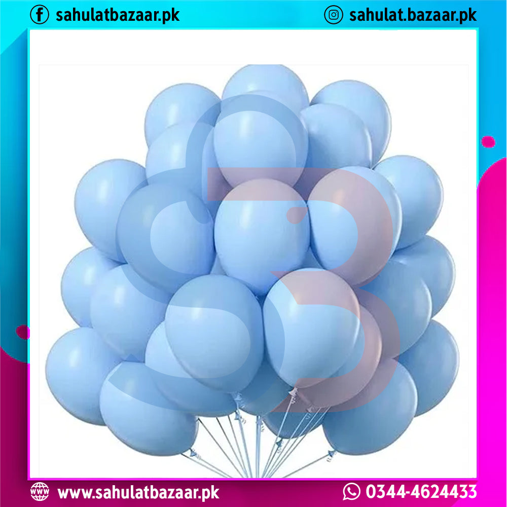 Bunch of blue balloons with a colorful border and contact information at the bottom.
