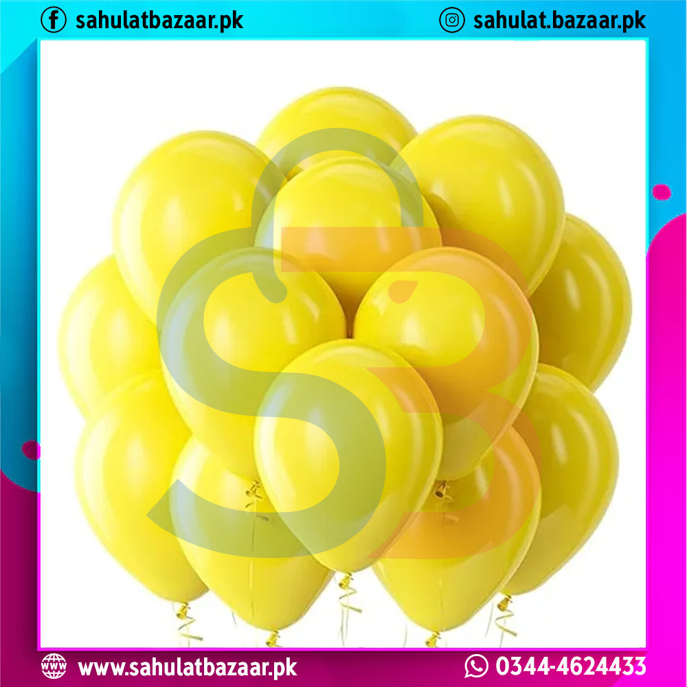 Cluster of yellow balloons with a decorative ribbon on a white background, featuring branding and contact information.