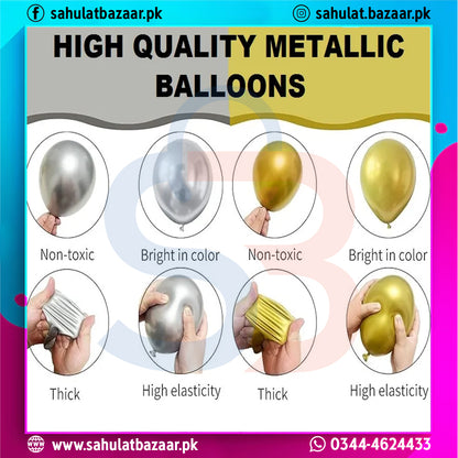 Advertisement for high-quality metallic balloons with features and brand information.