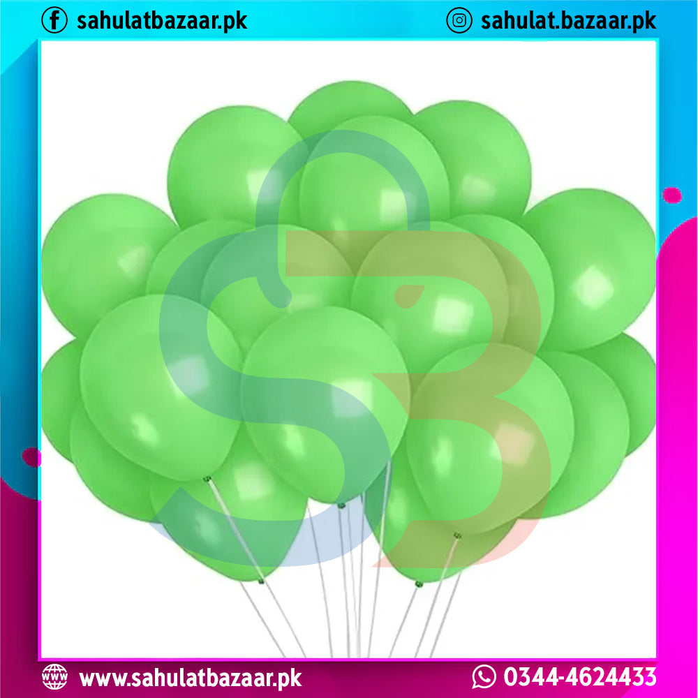 Bunch of green balloons with a colorful border and contact information at the bottom.