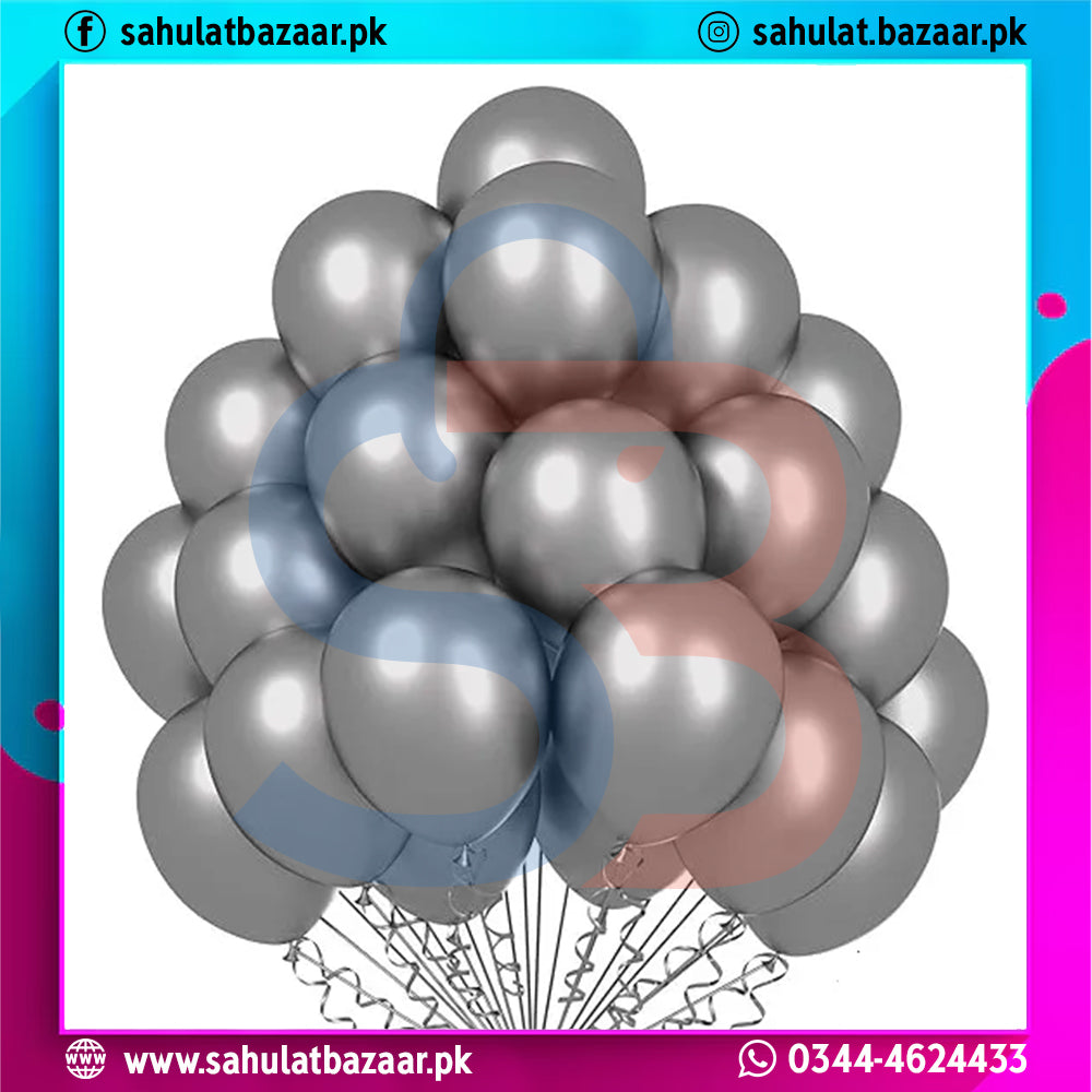 Bouquet of silver, blue, and pink balloons with a colorful border and contact information.
