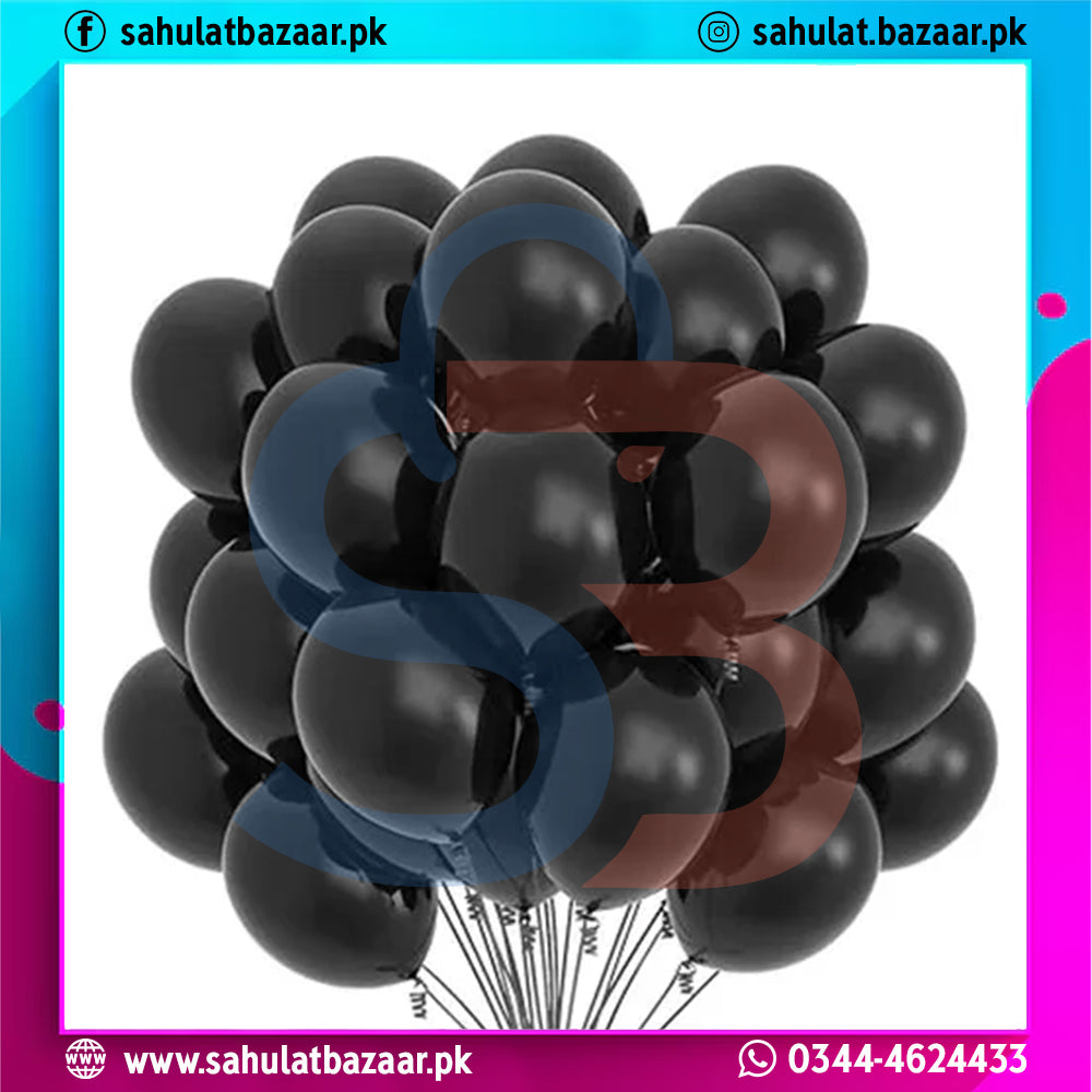 Bunch of black, blue, and red balloons with brand name 'sahulatbazaar.pk' displayed.
