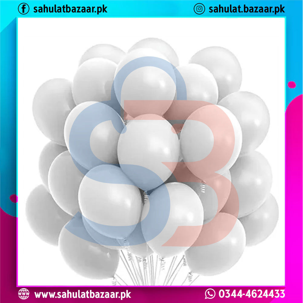 Bunch of white, blue, and pink balloons with 'sahulatbazaar.pk' branding.
