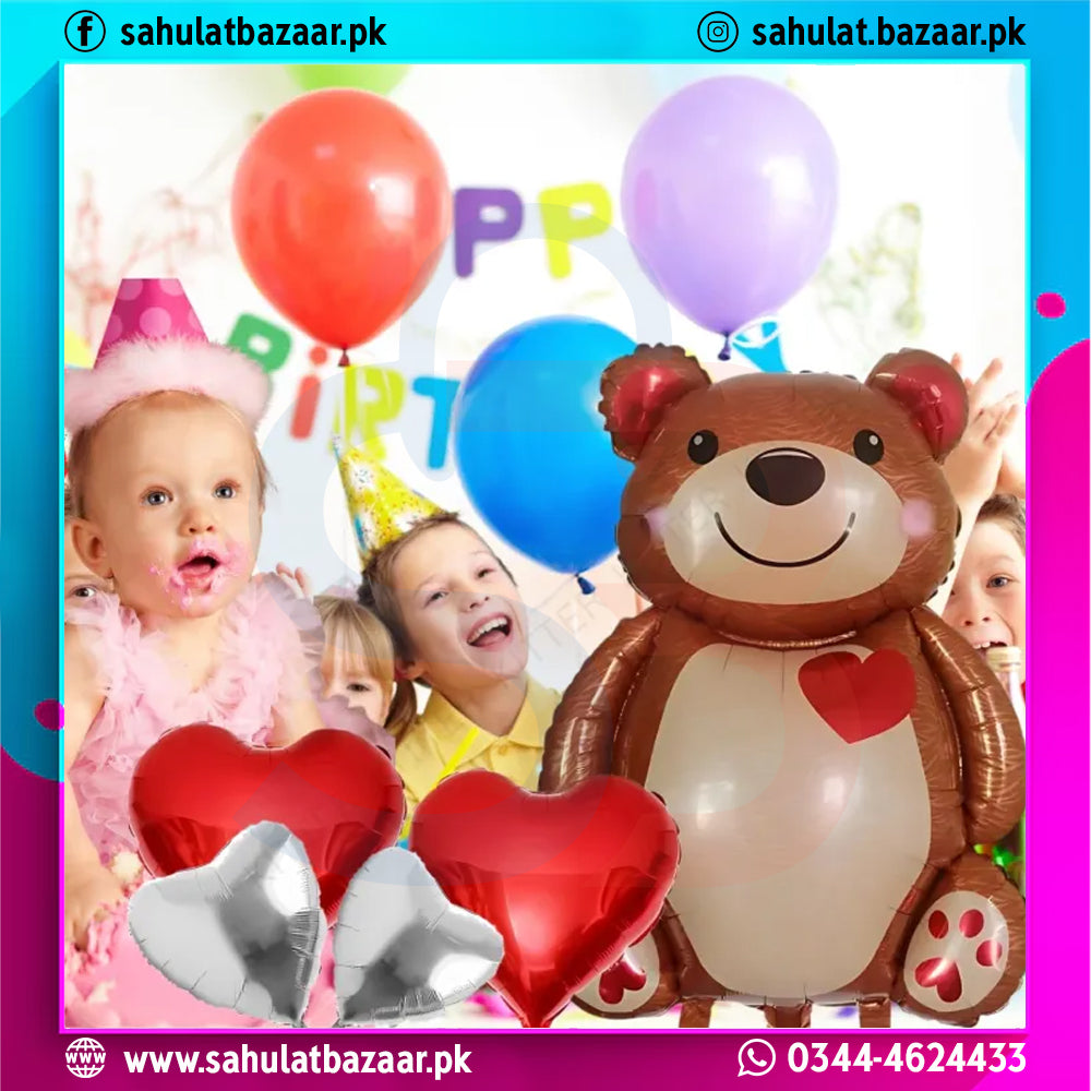Teddy Bear Foil Balloon Set of 5 with Red Heart Balloons – Cute Birthday & Party Decoration Kit
