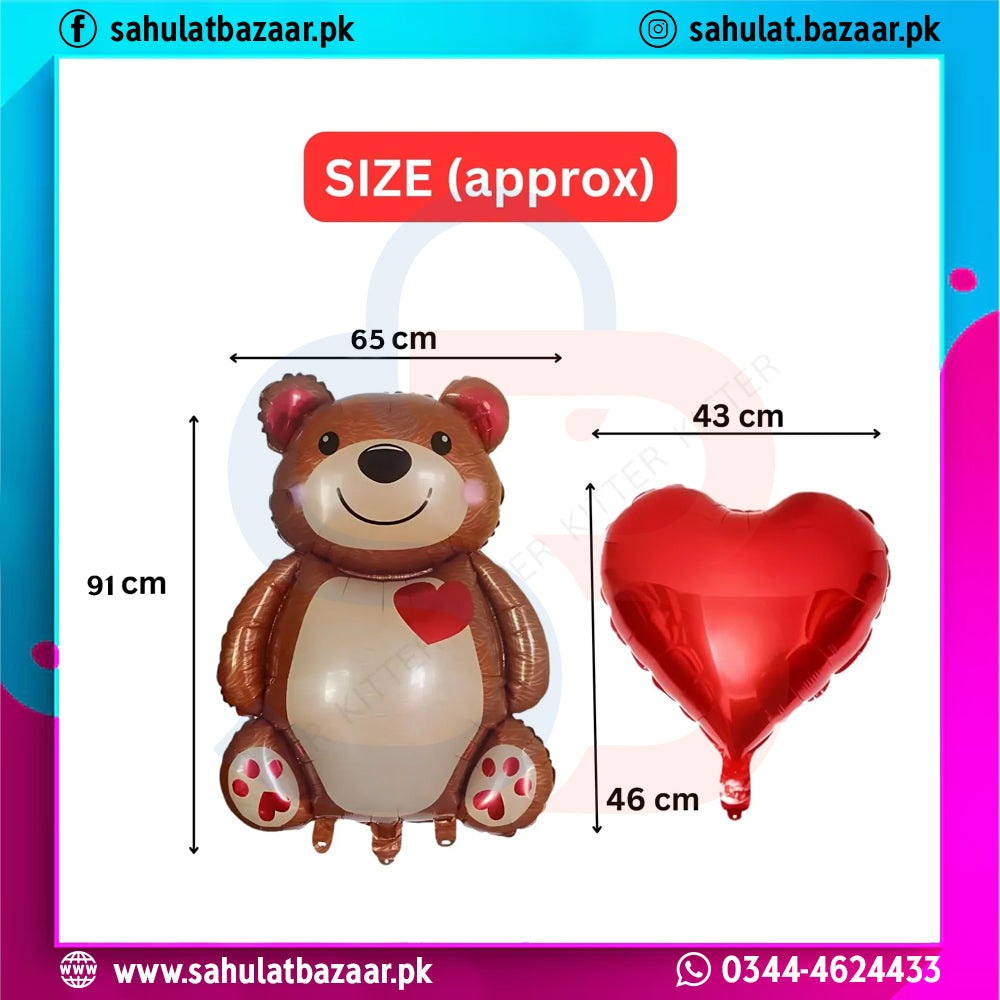 Teddy Bear Foil Balloon Set of 5 with Red Heart Balloons – Cute Birthday & Party Decoration Kit