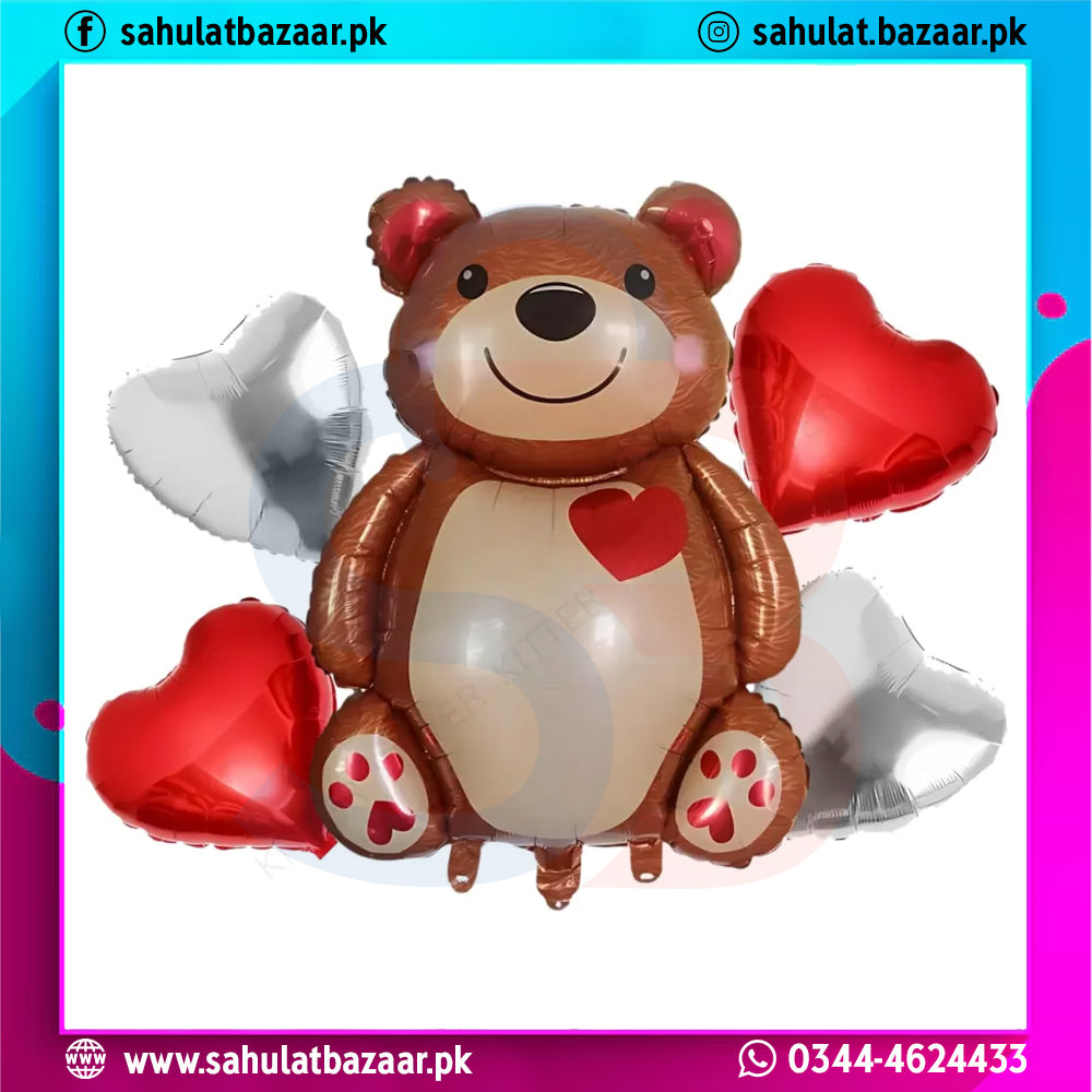 Teddy Bear Foil Balloon Set of 5 with Red Heart Balloons – Cute Birthday & Party Decoration Kit