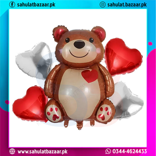 Teddy Bear Foil Balloon Set of 5 with Red Heart Balloons – Cute Birthday & Party Decoration Kit