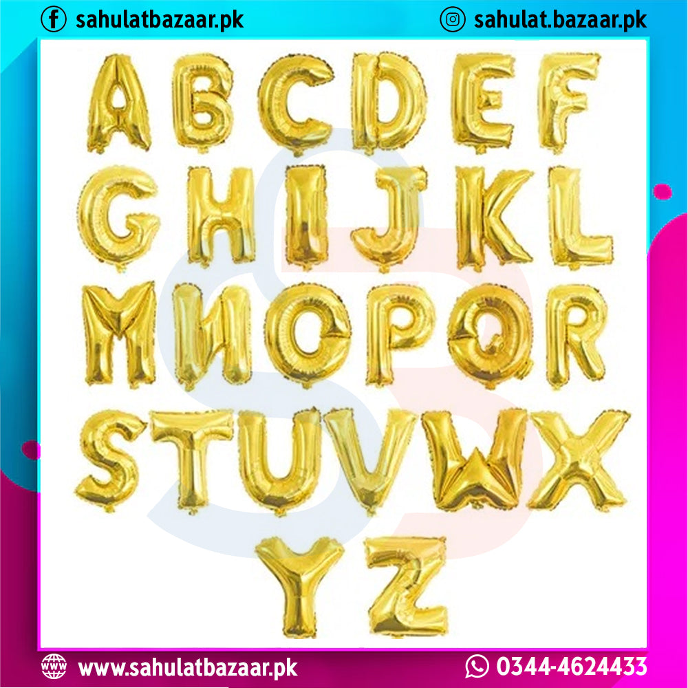 Gold letter balloons spelling out the alphabet on a colorful background with branding text.