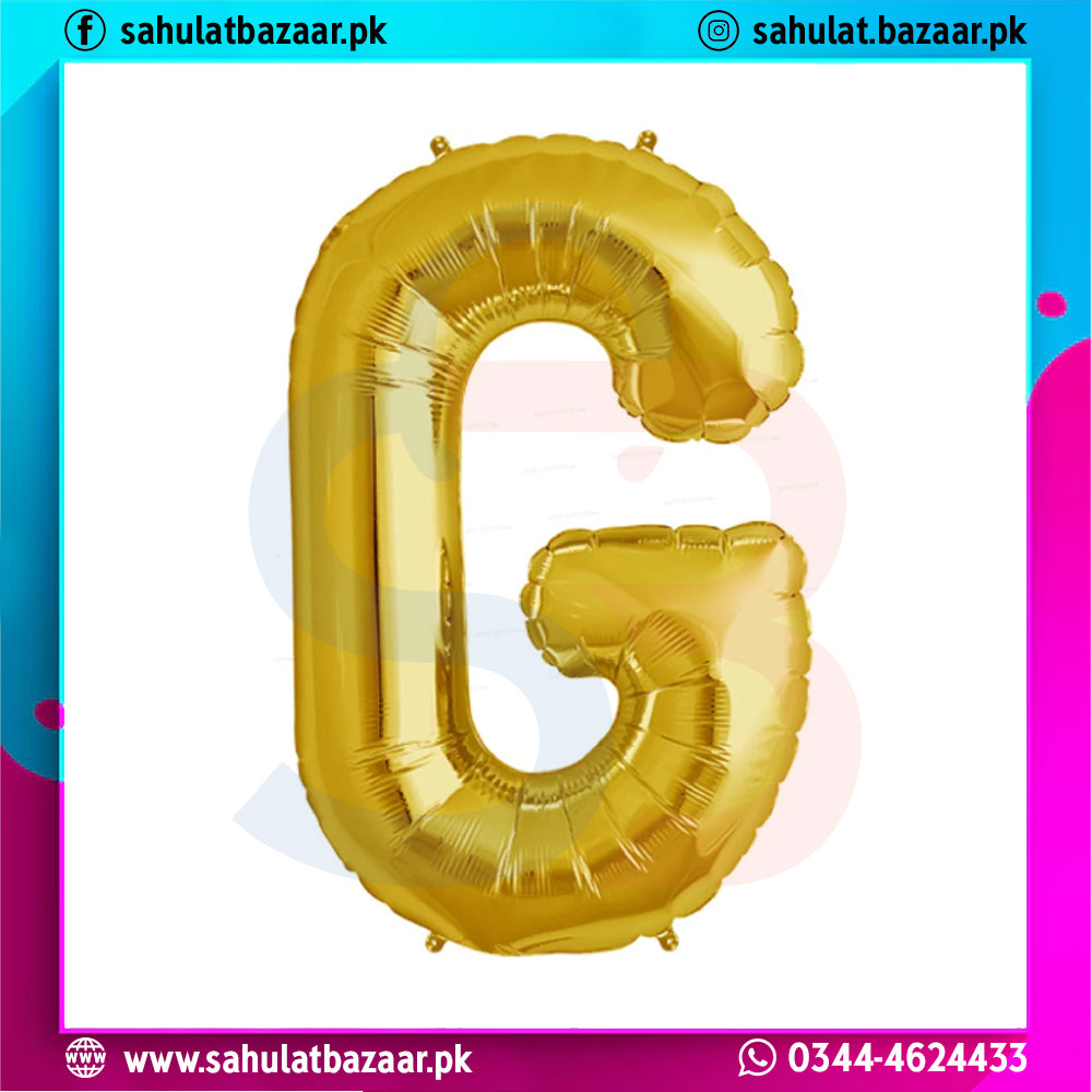 Gold letter 'G' balloon on a colorful background with branding text.