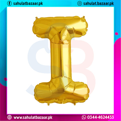 Gold letter 'I' balloon on a colorful border with branding text.