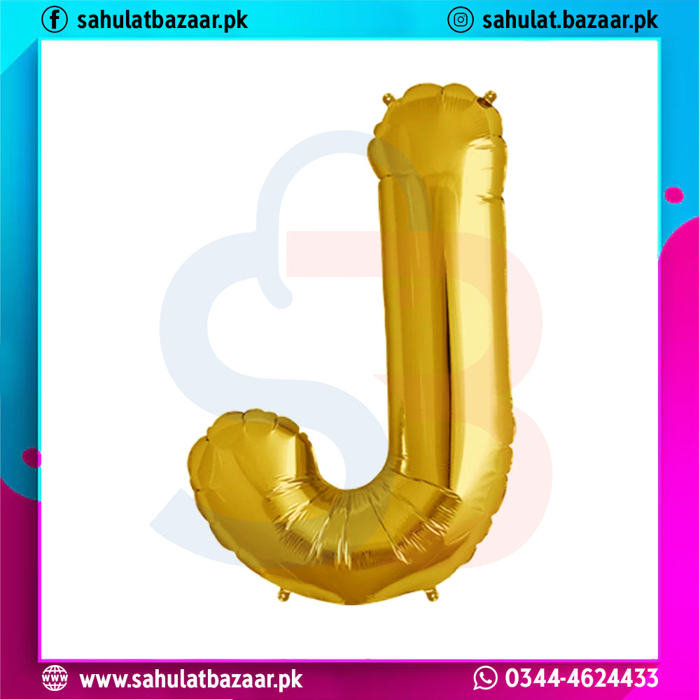 Gold letter 'J' balloon on a colorful background with branding text.