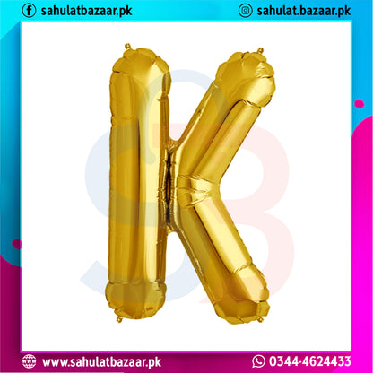 Gold letter 'K' balloon on a colorful background with branding text.