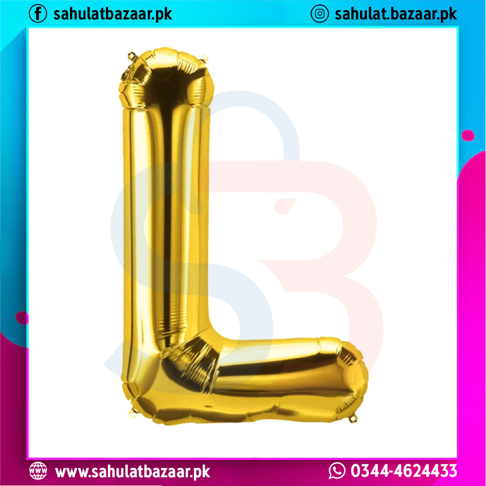 Gold letter 'L' balloon on a colorful border with branding text.