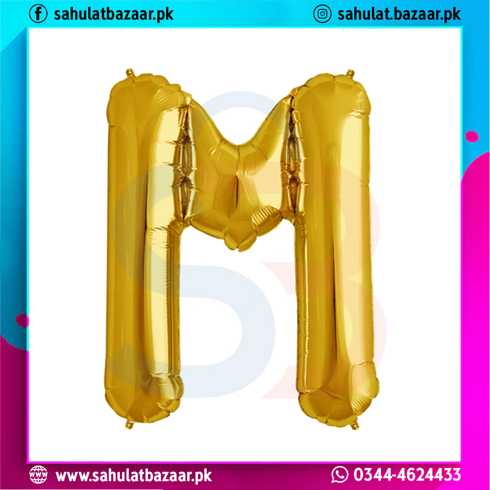 Gold letter 'M' balloon on a colorful background with branding text.