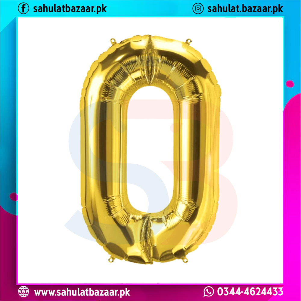 Gold number 0 balloon on a colorful background with branding text.