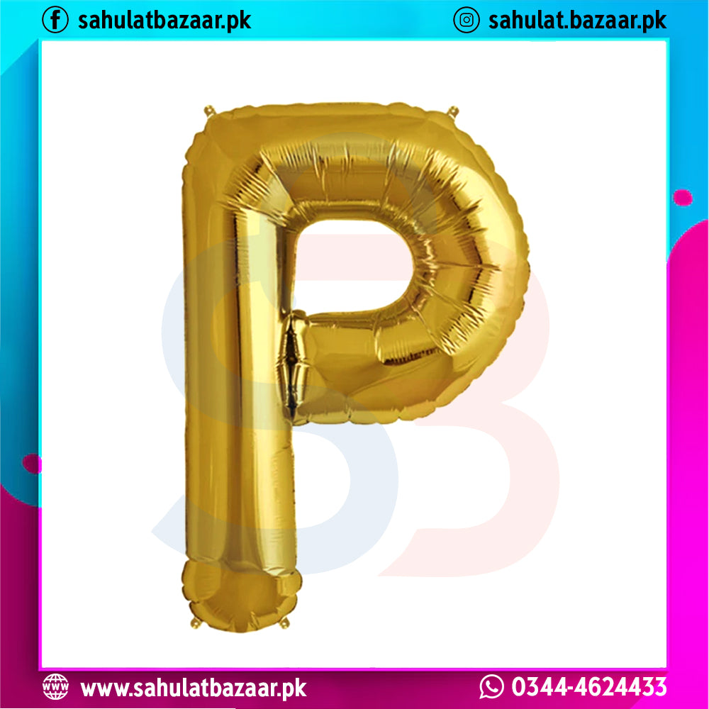 Gold letter 'P' balloon on a colorful background with branding text.