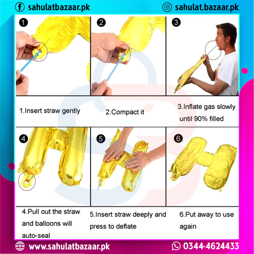 Step-by-step guide on how to inflate and deflate gold letter balloons with a straw.