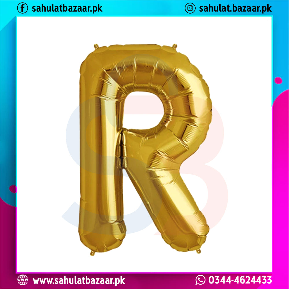 Gold letter 'R' balloon on a colorful background with branding text.