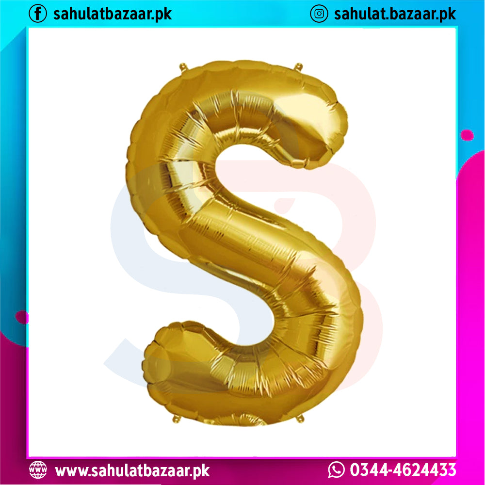 Gold letter 'S' balloon on a colorful border with branding text.