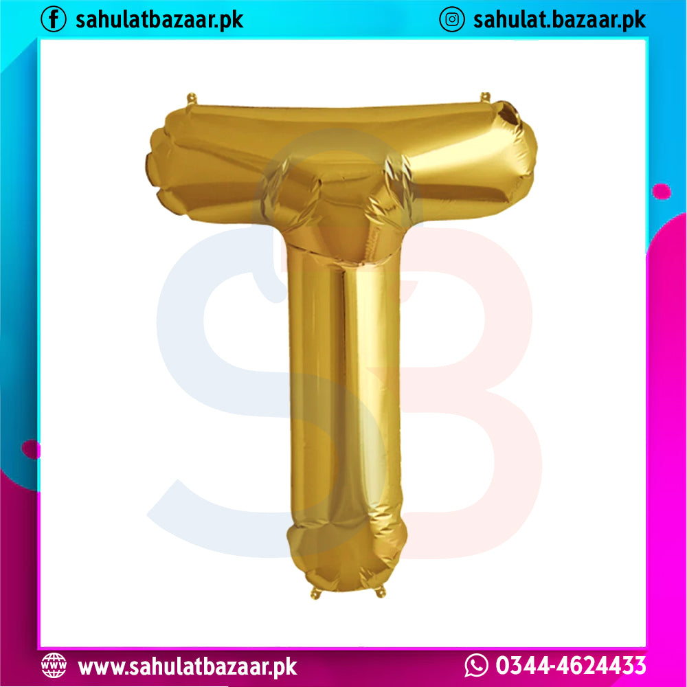 Gold letter 'T' balloon on a colorful background with branding text.