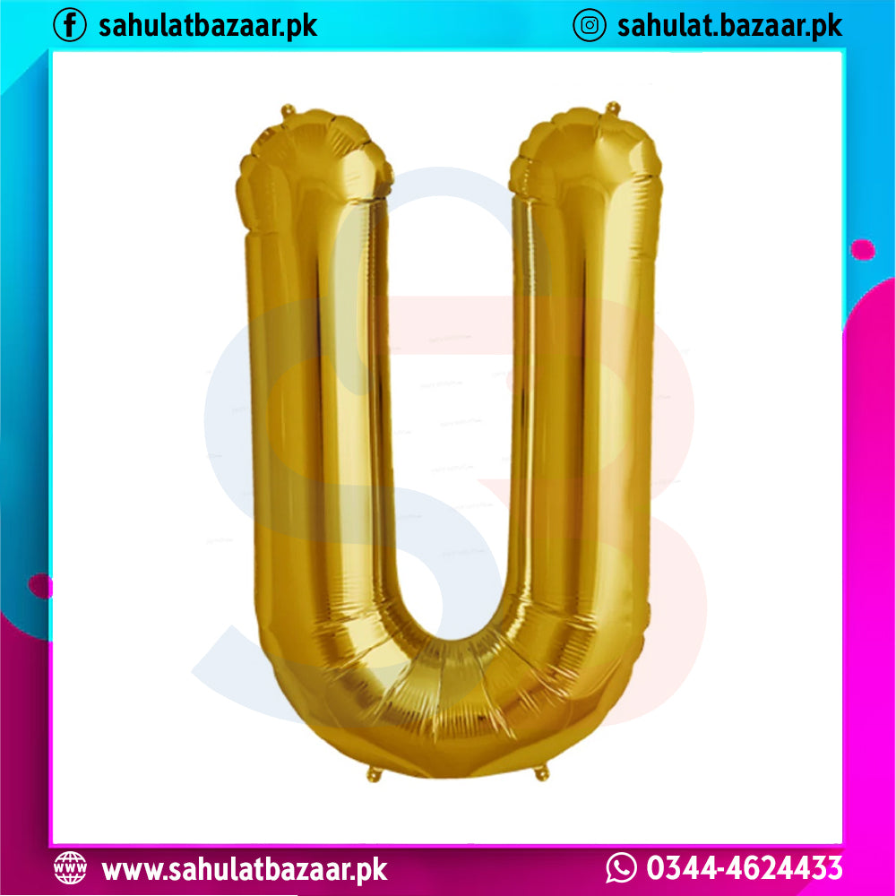 Gold letter 'U' balloon on a colorful border with brand information.