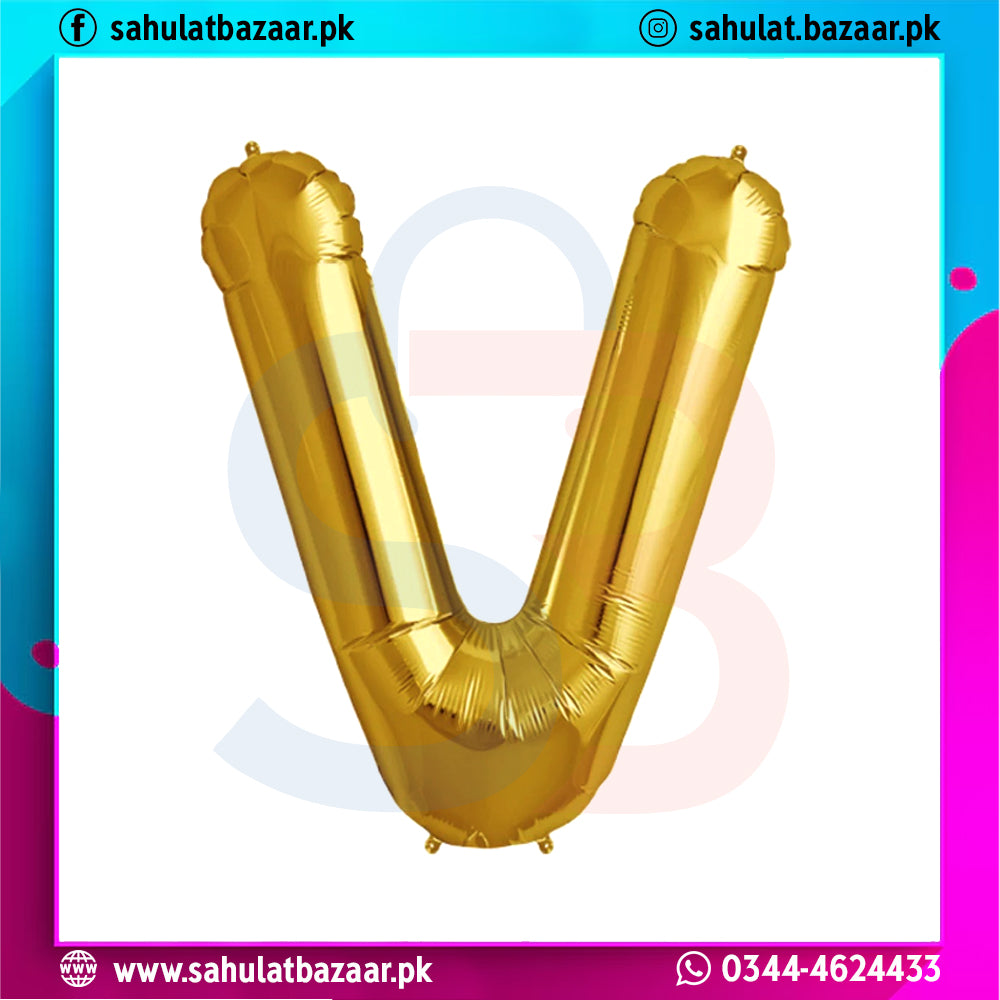 Gold letter 'V' balloon on a colorful border with branding text.