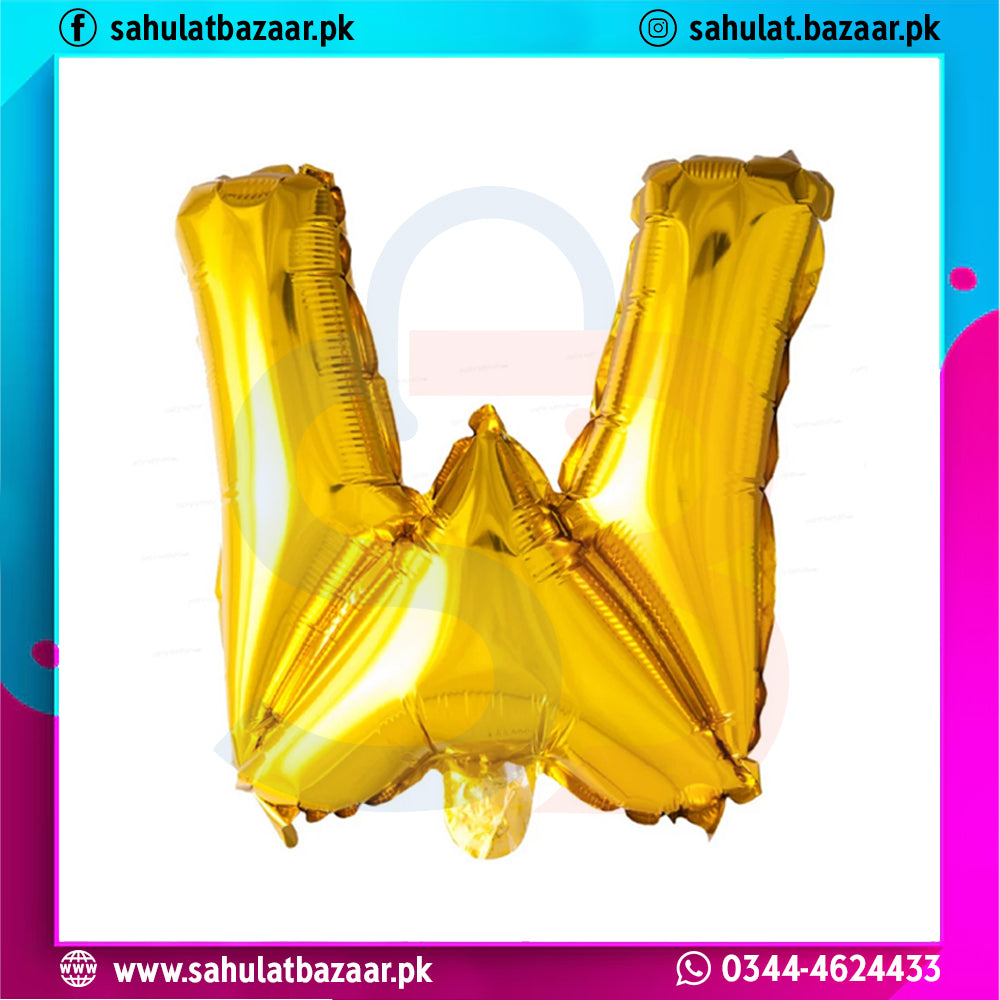 Gold letter 'W' balloon on a white background with colorful border