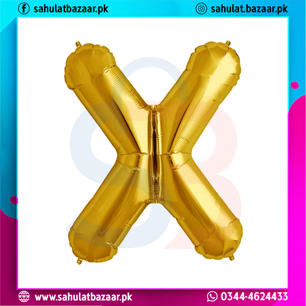 Gold letter 'X' balloon on a colorful background with branding text.