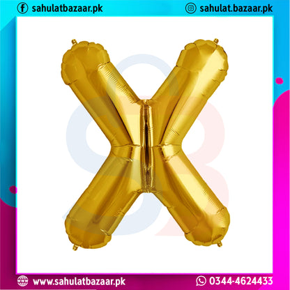 Gold letter 'X' balloon on a colorful background with branding text.