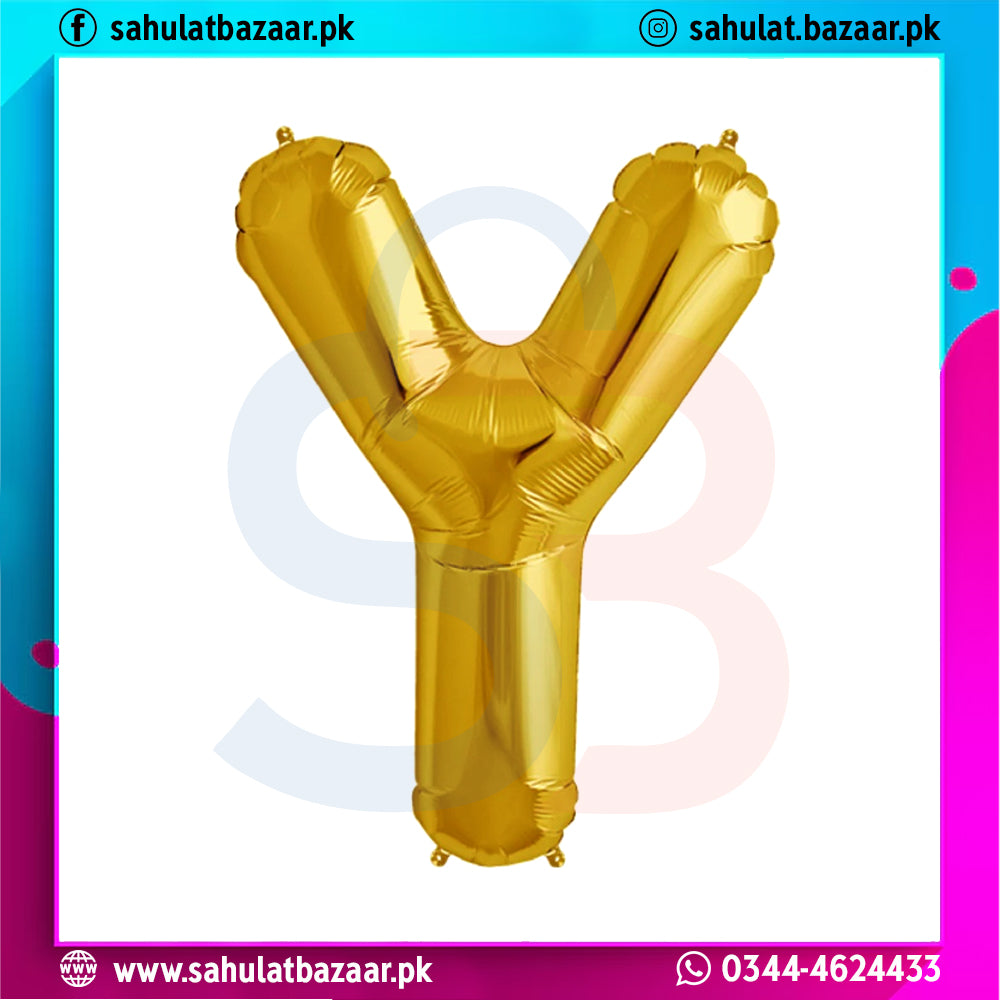 Gold letter 'Y' balloon on a colorful background with branding text.