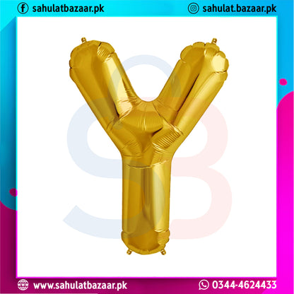 Gold letter 'Y' balloon on a colorful background with branding text.