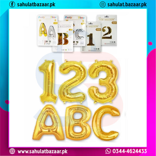 Gold foil balloons shaped like numbers and letters on a colorful border with branding text.