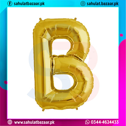 Gold letter 'B' balloon on a colorful background with branding text.