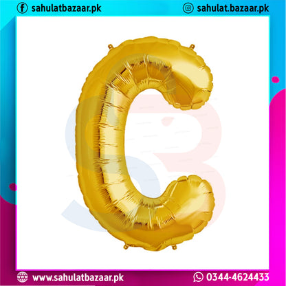 Gold letter 'C' balloon on a white background with colorful border