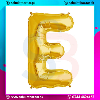 Gold letter 'E' balloon on a colorful border with branding text.