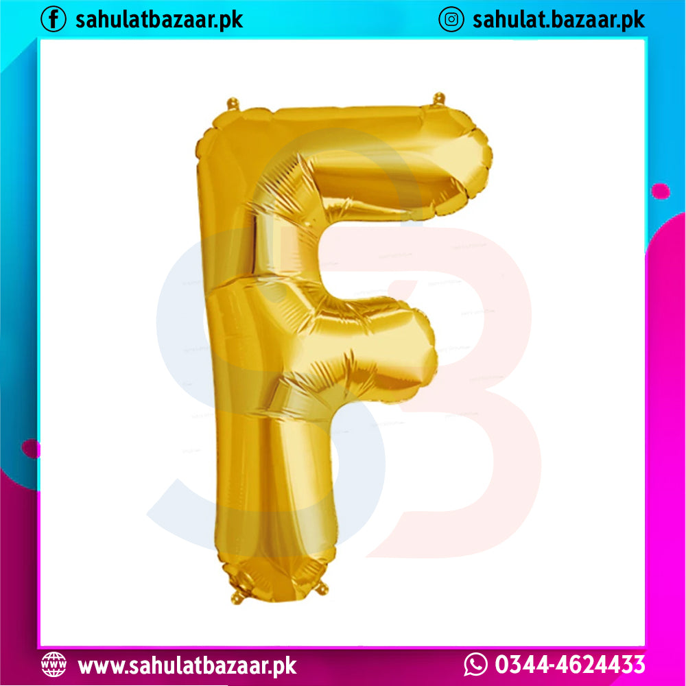 Gold letter 'F' balloon on a colorful background with branding text.