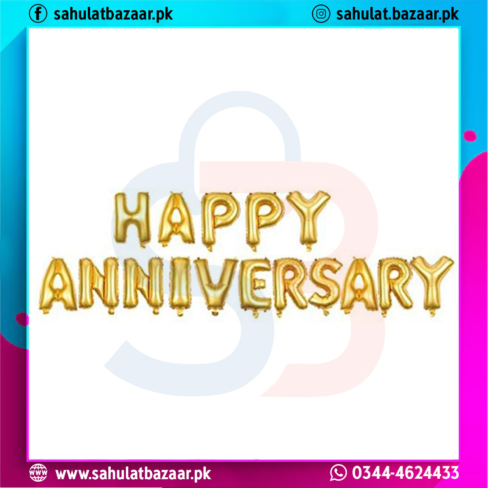 Gold 'Happy Anniversary' balloons on a colorful border with brand information.