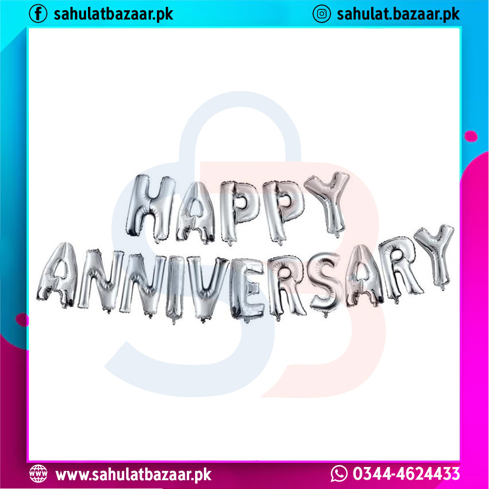 Silver 'Happy Anniversary' balloons against a white background with colorful border