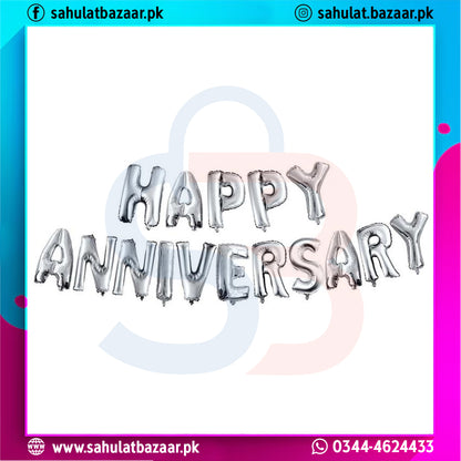 Silver 'Happy Anniversary' balloons against a white background with colorful border