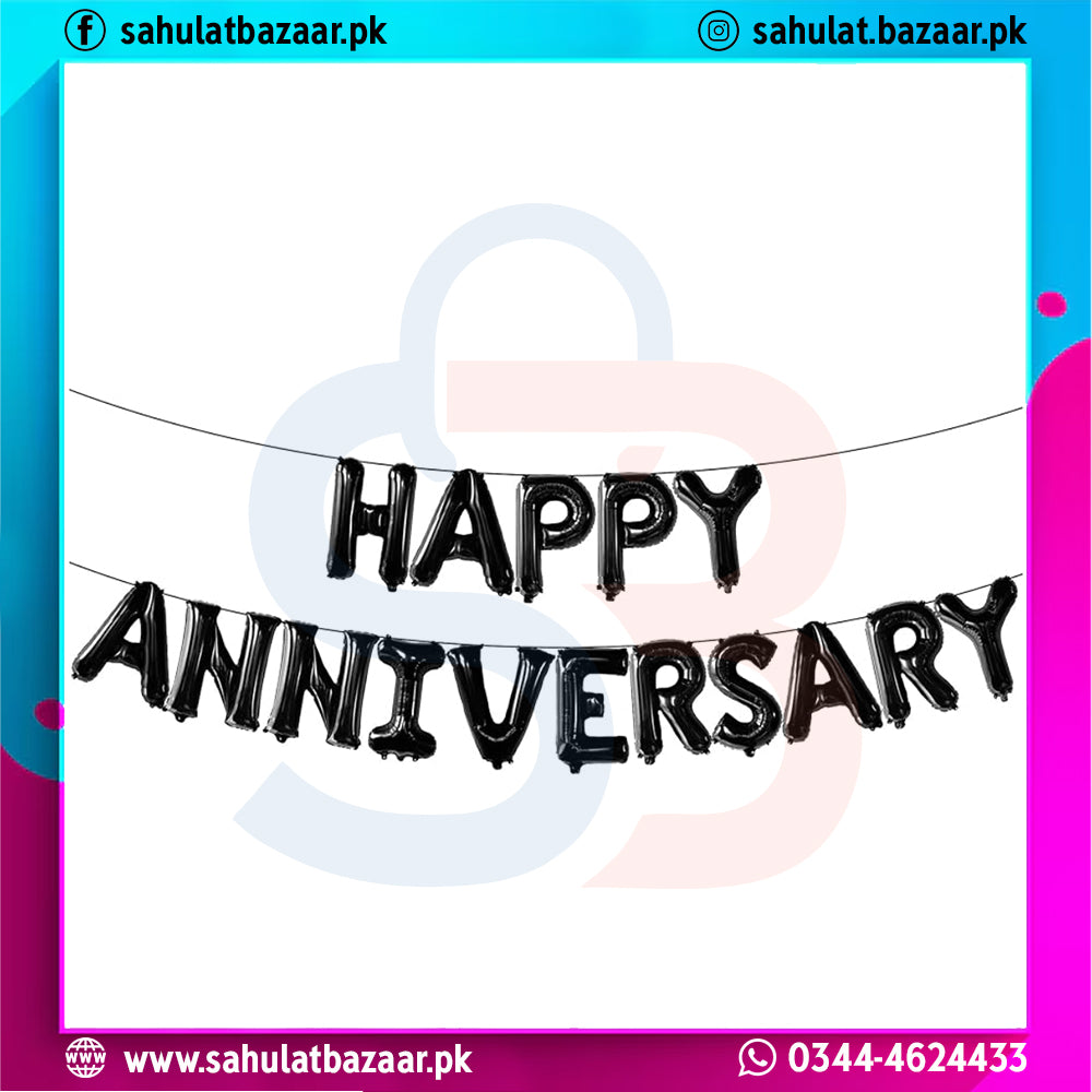Happy Anniversary banner with colorful border and contact information at the bottom.